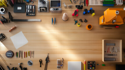 well organized 3D printing workshop featuring various tools, materials, and equipment. workspace is designed for creativity and innovation, showcasing variety of items for projects