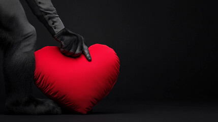 A gorilla holding a red heart