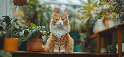 Orange fluffy cat sitting amongst potted plants.