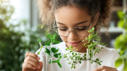 Young Girl Engaged in Science with Plants and Molecular Models