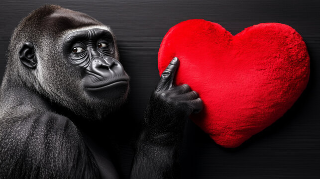 A gorilla holding a red heart