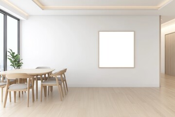 Plain white mockup poster frame on a feature wall in a modern luxury apartment living room.