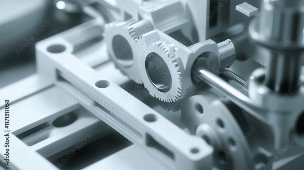 Aufkleber close up of 3d printed mechanical assembly showcasing intricate gears and components, highlighting p