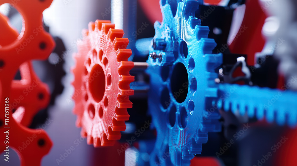 Poster close up of 3d printed mechanical assembly featuring vibrant red and blue gears, showcasing intricat