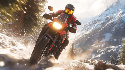 riding a motor during spring in the mountains during mid-day with a frontal angle 