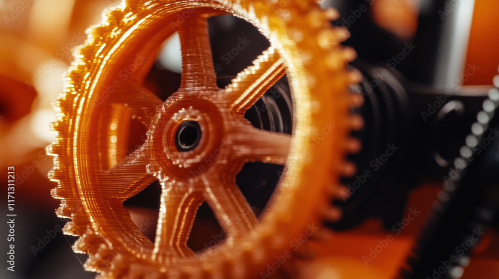 Aufkleber close up of 3d printed mechanical part showcasing intricate details and precision in design. orange 
