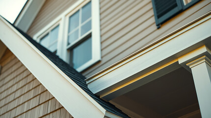 Fototapeta premium Close-up view of a house exterior, showcasing light beige siding, white trim, a dark gray roof, and a white columned porch. A window with white trim is partially visible.