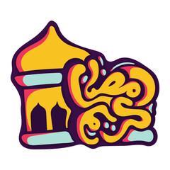 Obraz premium Arabic typography in cartoon design with simple mosque for ramadan kareem