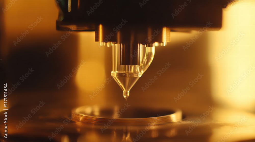 Poster close up of 3d printer nozzle extruding filament, showcasing precision and technology in action. war