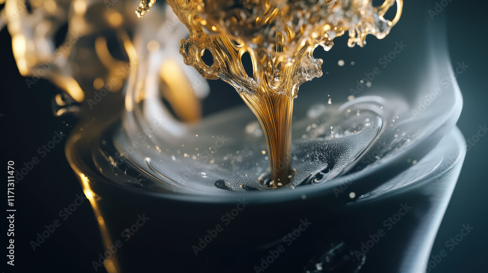 Poster mesmerizing close up of fluid dynamics showcasing golden liquid swirling and mixing with translucent