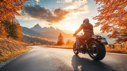 riding a motor during fall in the mountains during sunset with a profile angle 