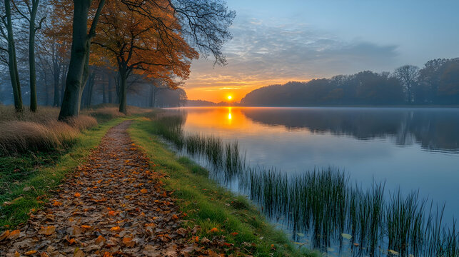 Scenic autumn sunrise over calm lake with path.