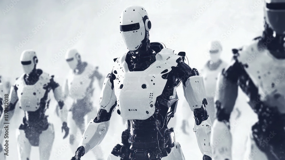 Aufkleber a group of humanoid robots marching in a futuristic setting.