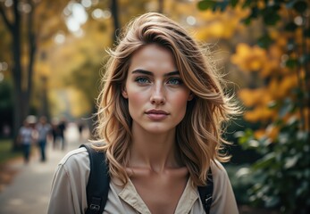 Obraz premium University student walking in a park during autumn season