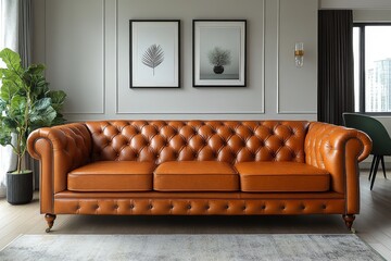 Stylish Light Brown Leather Sofa with Wooden Legs and Metal Feet, Green Accents, European Retro Design, in Sunny Living Room with Empty Rug Space