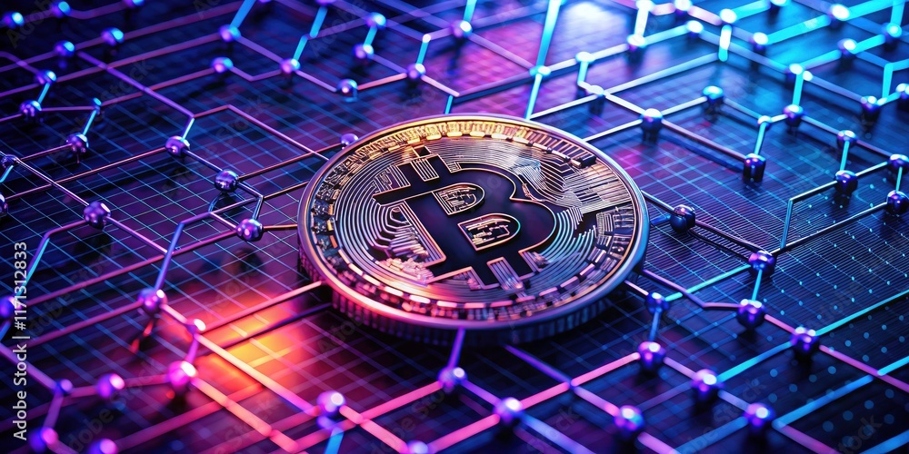Poster low-light photography captures a bitcoin blockchain grid, a shadowy yet powerful digital network.