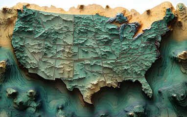 3D topographical map of the United States, showing states and elevation.