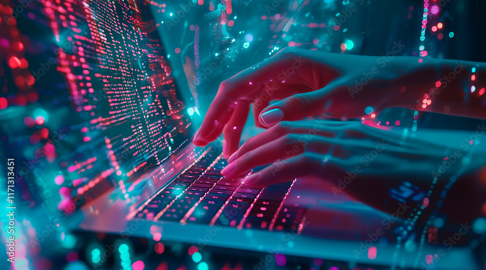 Aufkleber a woman's hands swiftly type on a sleek laptop, as a mesmerizing metaverse hologram materializes in 