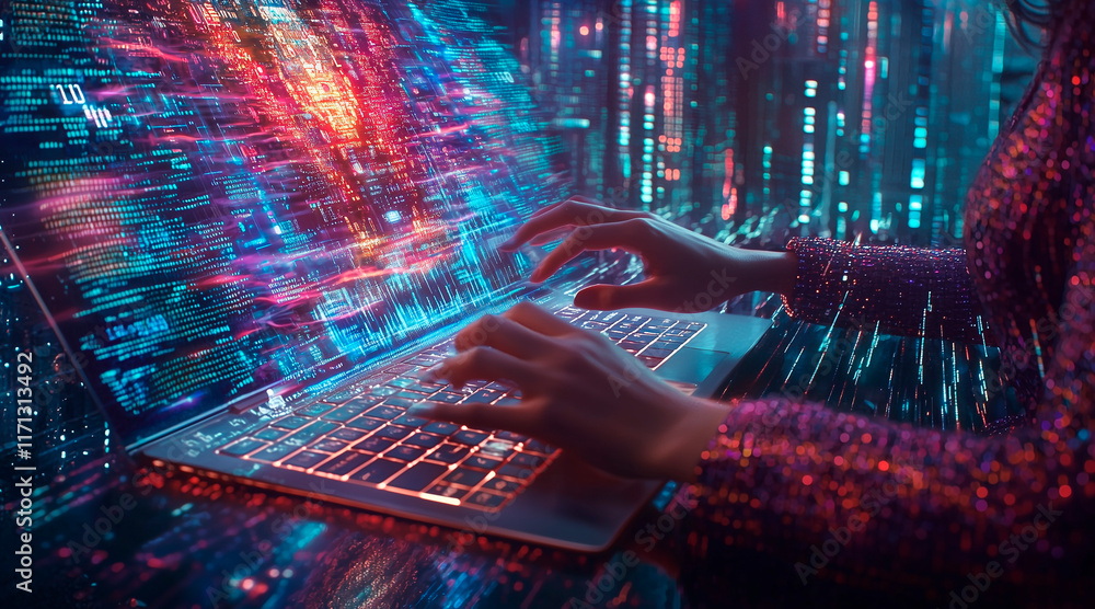 Aufkleber a woman's hands swiftly type on a sleek laptop, as a mesmerizing metaverse hologram materializes in 