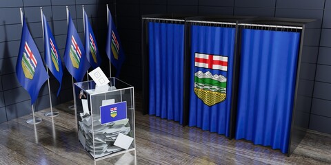 Alberta - voting cabin, ballot box and flags at polling station - 3D illustration