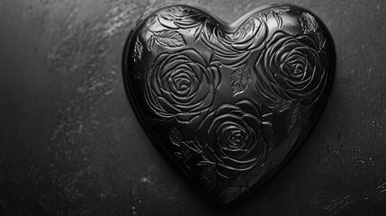 Monochrome image of a chocolate heart with embossed rose patterns, highlighting textures and depth