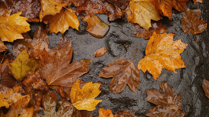 close up of wet autumn leaves on dark surface, showcasing vibrant orange and yellow hues. raindrops add refreshing touch to scene, evoking serene atmosphere