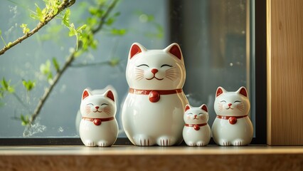 A family of ceramic lucky cats in varying sizes, showcasing unity and wealth on a minimalist shelf