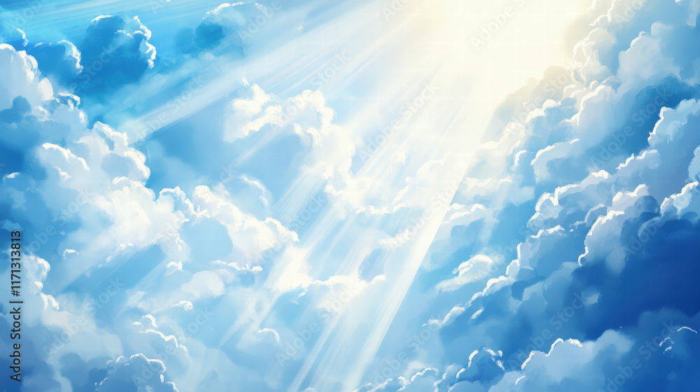Poster bright sunlight breaks through fluffy storm clouds, creating serene atmosphere. interplay of light a