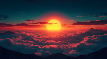 Fiery sunset above a sea of clouds and mountains.
