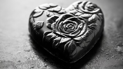 Monochrome image of a chocolate heart with embossed rose patterns, highlighting textures and depth