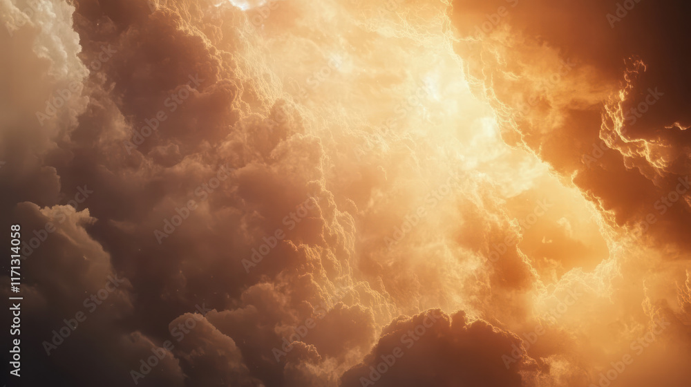 Poster close up of storm clouds illuminated by sunlight, creating dramatic and intense atmosphere. interpla