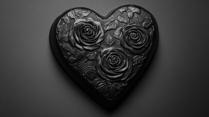 Monochrome image of a chocolate heart with embossed rose patterns, highlighting textures and depth
