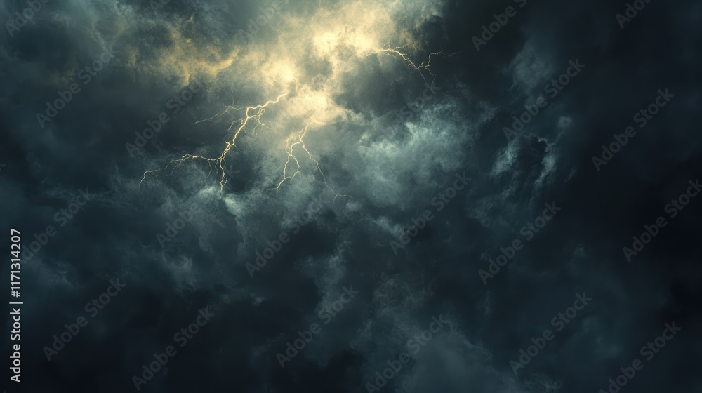 Poster dramatic view of storm clouds illuminated by distant lightning, creating powerful and intense atmosp