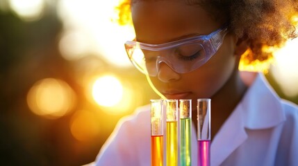 Young Scientist Conducts Experiment with Colorful Test Tubes Outdoors