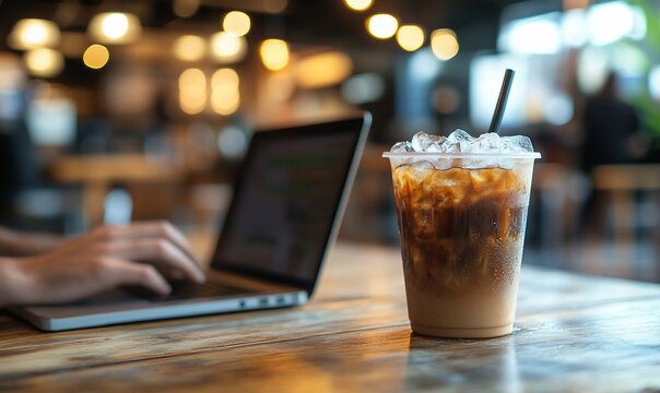 Laptop, iced coffee on table, blurred background.