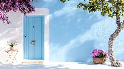 Sunny blue house exterior with flowers, plants, and a light blue door.