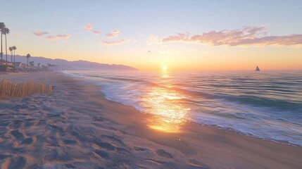 Serene beach sunset with gentle waves and distant sailboat.
