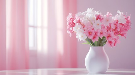 Fototapeta premium A bouquet of pink and white flowers in a white vase on a table with soft lighting.