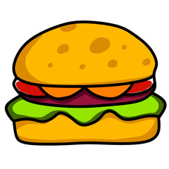 Vector illustration featuring a delicious burger with golden yellow bun, thick beef patty, melted cheese, fresh tomato, green lettuce and colorful sauces.