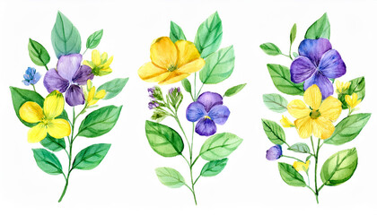 Watercolor painting of floral branches, green leaves. Yellow and purple flowers. Beautiful nature.