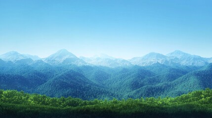 Obraz premium Serene Mountain Vista: A Breathtaking Panorama of Lush Green Peaks Under a Clear Blue Sky