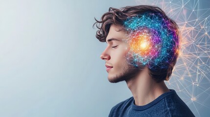 Young Man with Illuminated Brain Network Concept