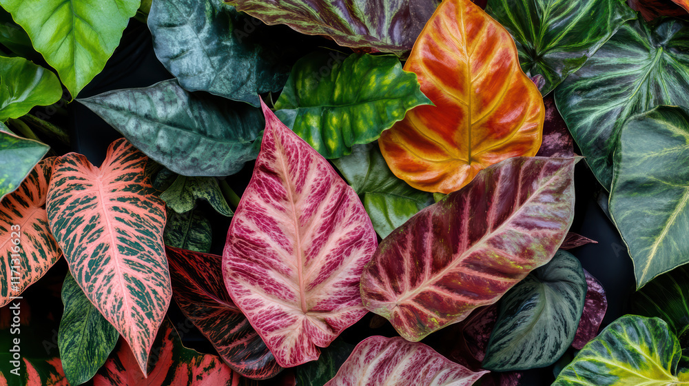 Poster vibrant collection of exotic leaves showcasing various colors and patterns, creating lush and inviti