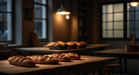 Loaves of bread are beautifully arranged on wooden tables in a warm, inviting bakery. The golden crusts reflect soft lighting, creating a serene atmosphere as evening falls