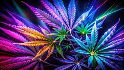 Fototapeta premium Neon cannabis: vibrant leaves burst with psychedelic energy in a long exposure.