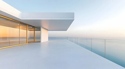 Minimalist balcony with frameless glass railings and a smooth concrete floor, overlooking a vibrant urban skyline