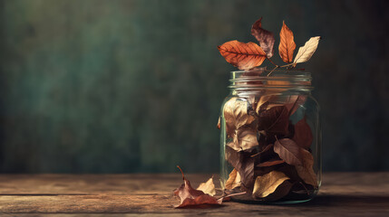 collection of dried leaves in clear glass jar, showcasing autumn colors and textures. warm tones create cozy atmosphere, perfect for seasonal decor