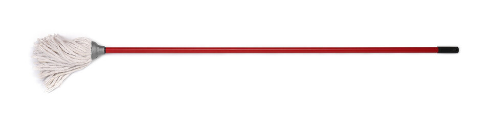 Mop with plastic handle isolated on white, top view
