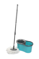 Mop and plastic bucket isolated on white