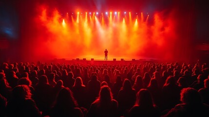 Solo performer on stage before a large crowd, illuminated by dramatic red lighting.